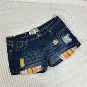 Retro raw blue button flap, distressed patchwork low rise denim, jean shorts 5/6